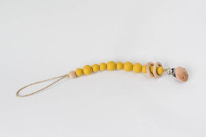 Silicone Bead & Wood Ring Pacifier Clip: Mustard