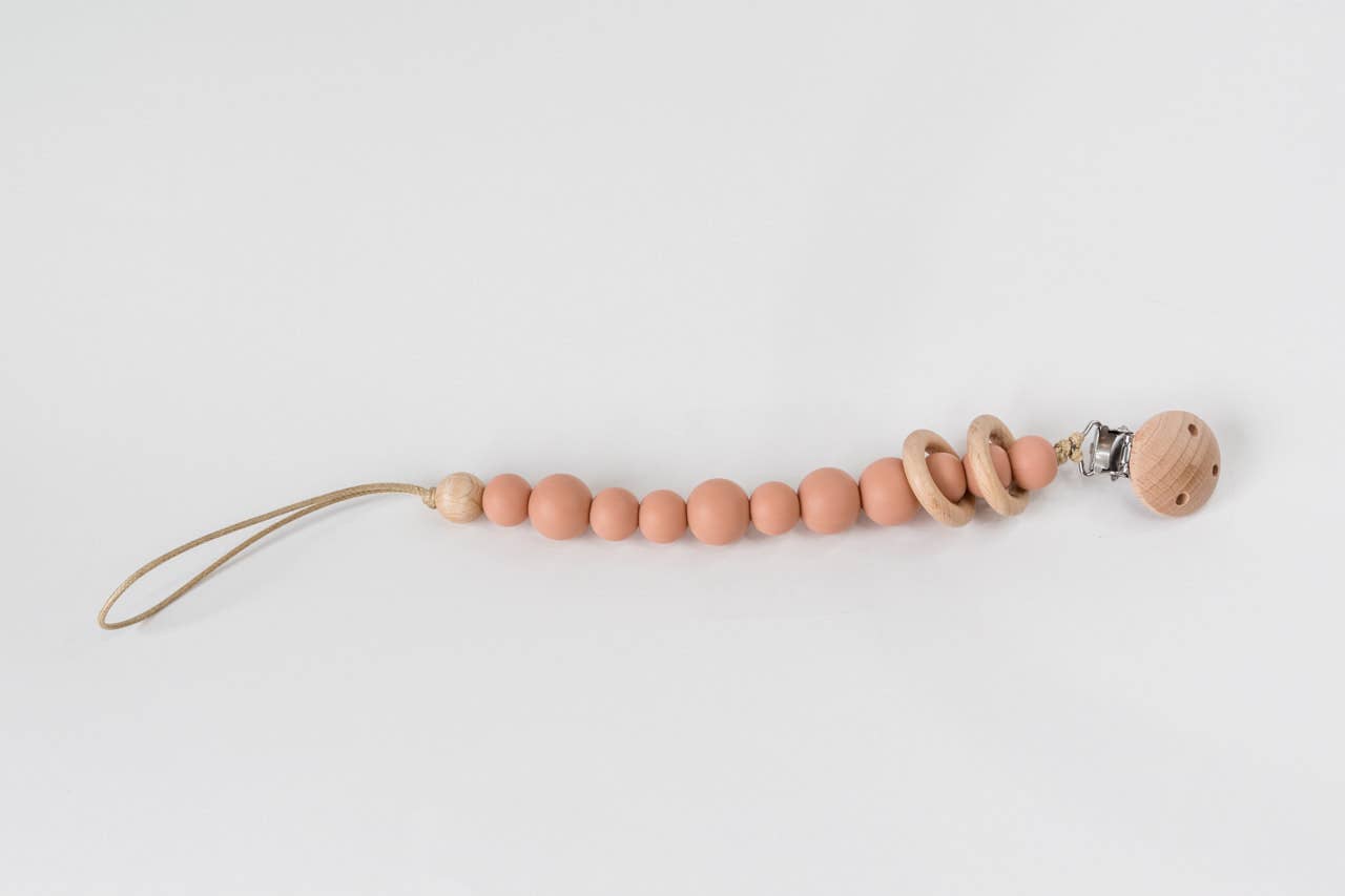 Silicone Bead & Wood Ring Pacifier Clip: Blush