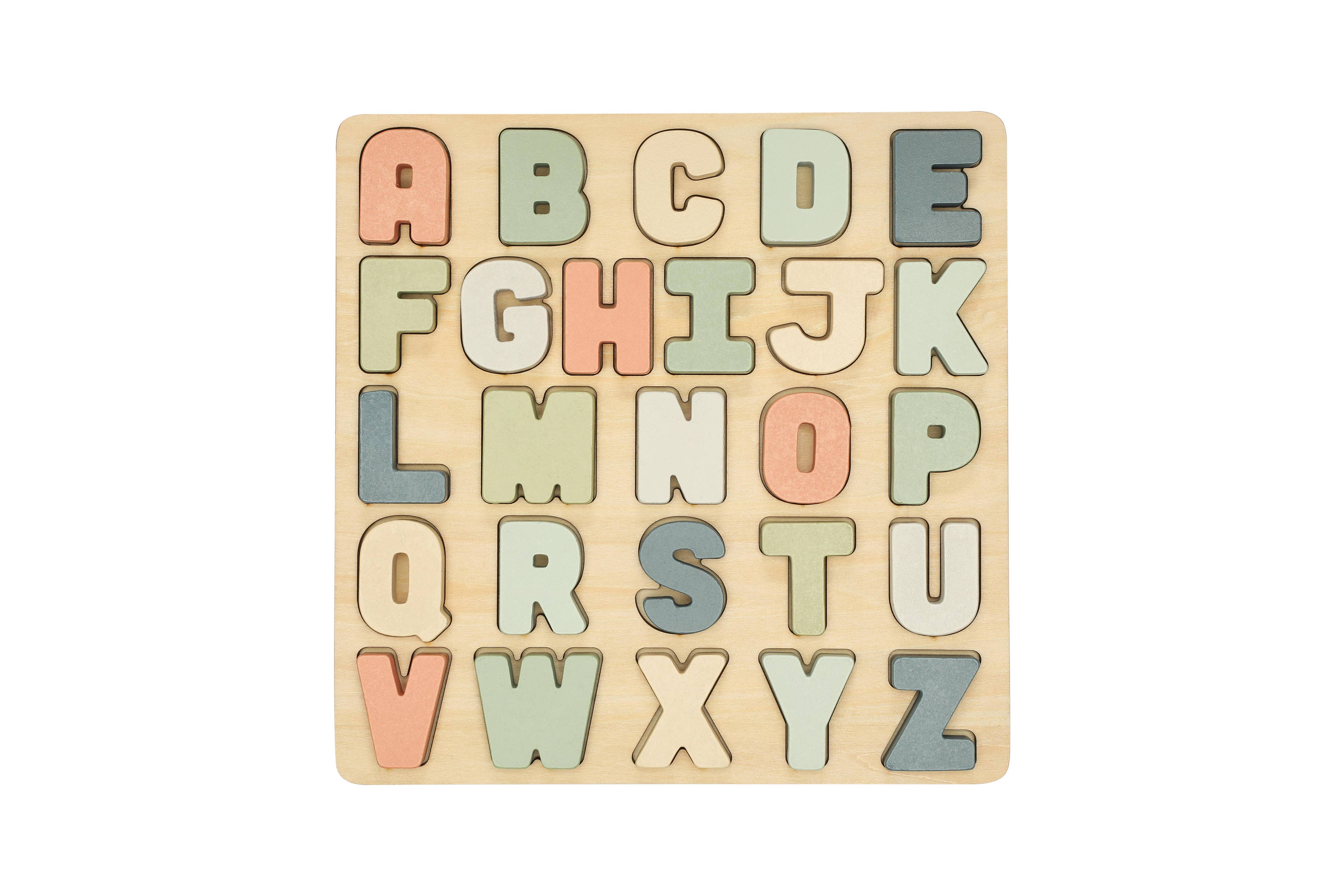 wooden ABC puzzle, with earth tone letters